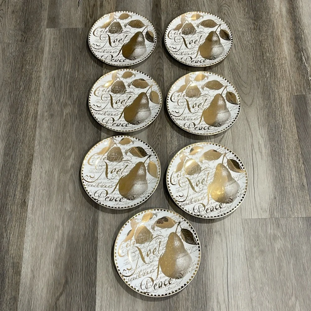 Restoration Hardware Christmas 8”Plates Holiday Gold Pear Noel Peace Set